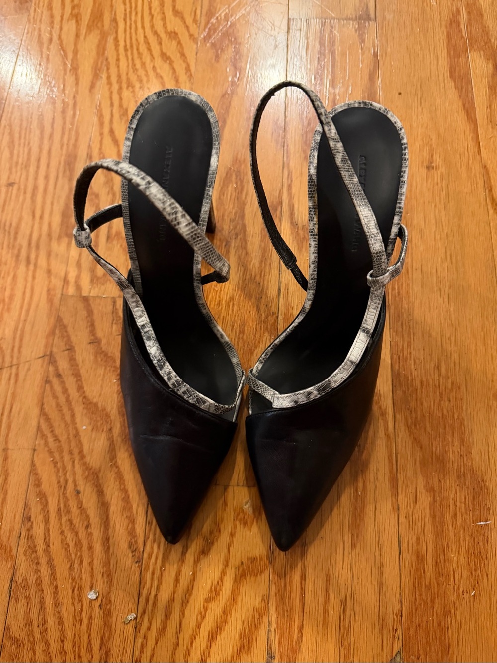 Alexander Wang Black Pointed Toe Slingback Heels with Snake-Print Trim